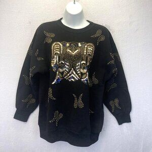 Vintage 80s Eminent Angel Sweatshirt Top Womens Small S Black Gold Sequin Beaded